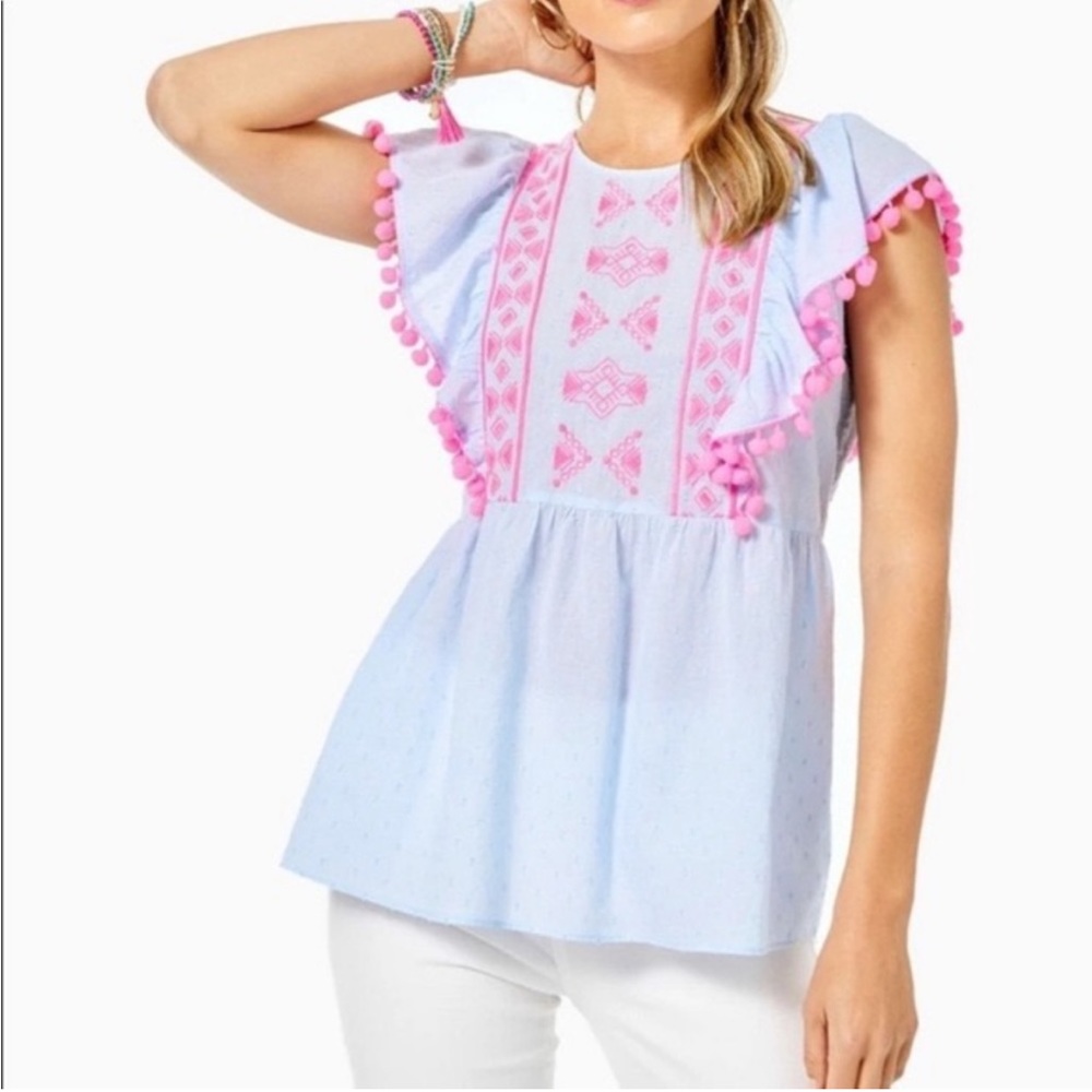 NWT Lilly Pulitzer Light Blue Raquelle Top with Pink Pom Trim